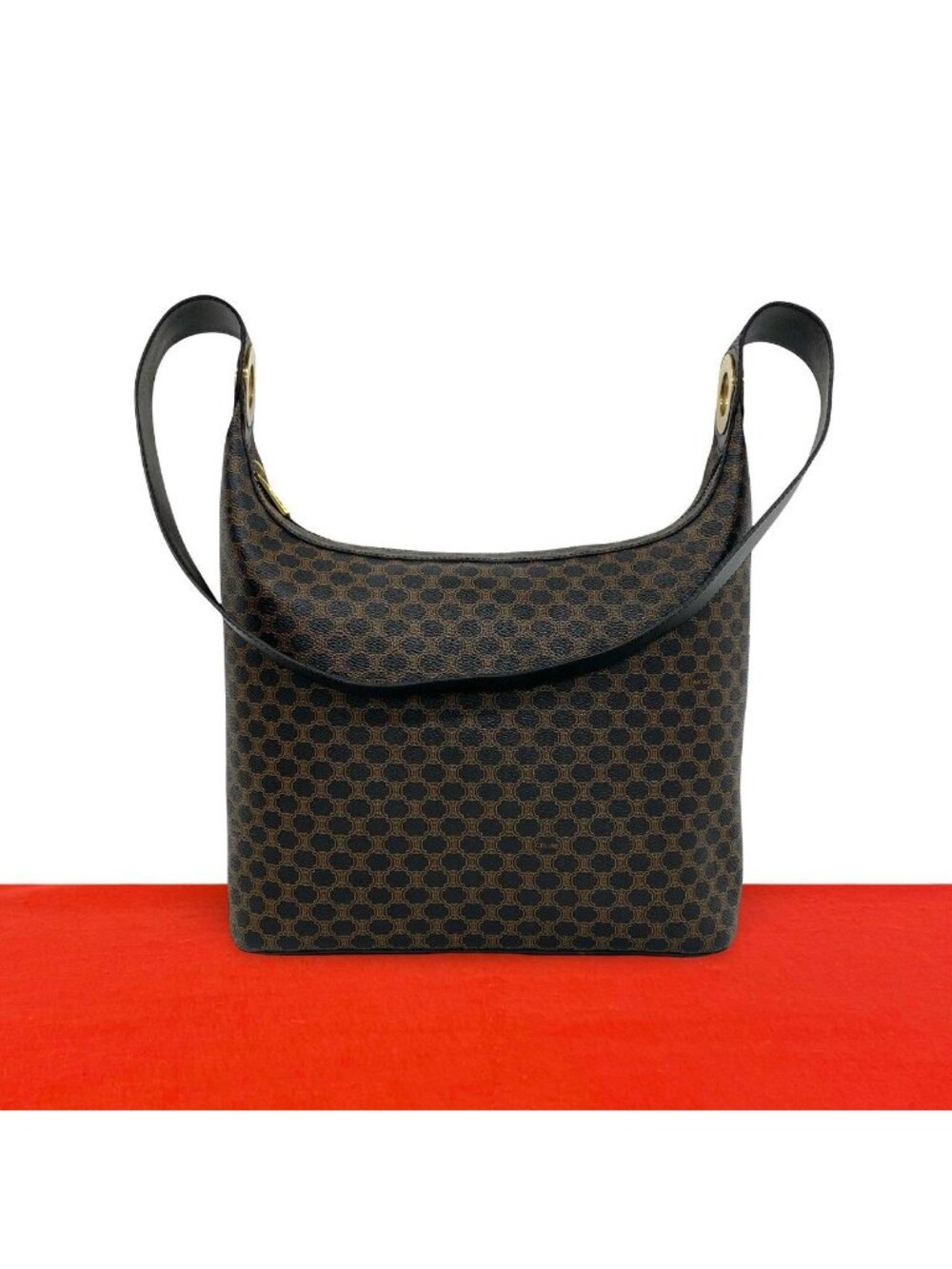 Celine Vintage Macadam Pattern Circle Logo Leather Semi Bag Handbag Brown